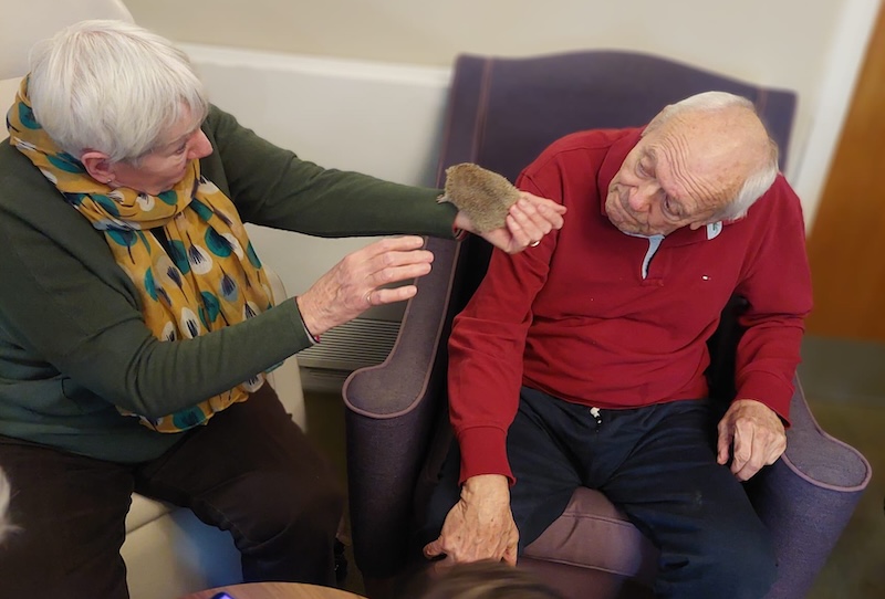 2 residents sat in armchairs looking at a hedgehog on one of their arm