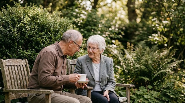 older man and lady sat on bench